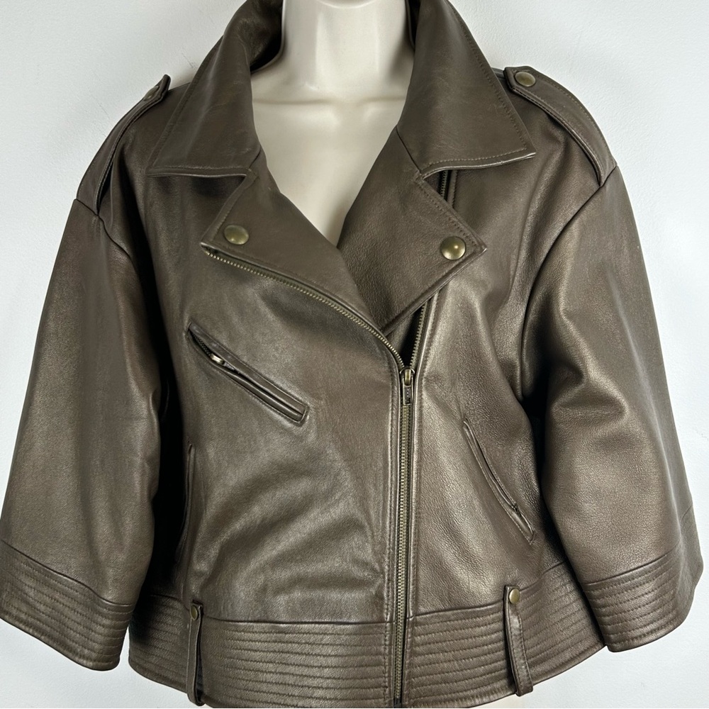 Bagatelle Leather Cropped Moto Jacket Bronze sz XL Minimalist Chic Quite Luxury - Picture 6 of 15